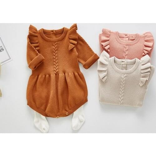 Ruffles lace romper newborn baby bodysuit for girls costumes cotton knitted long sleeve infant jumpsuit toddler baby oensie 0-2y