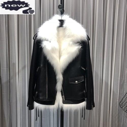 Luxry Top Quality Fox Fur Female Waistcoats Genuine Leather Sheepskin Jackets Moto Biker Long Sleeve Zipper Womens Short Coats