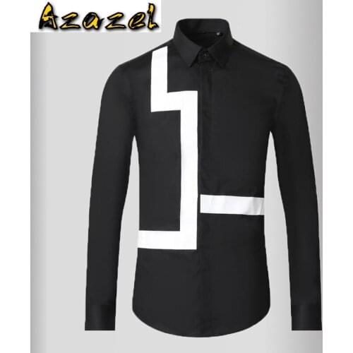 Azazel Black White Mens Shirts Luxury Long Sleeve Geometry Printed Casual Male Shirts Fashion Slim Fit Party Man Shirts 3XL
