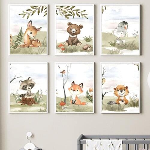 Safari Animal Bear Fox Rabbit Chipmunk Nursery Wall Art Canvas Painting Nordic Posters And Prints Wall Pictures Baby Room Decor