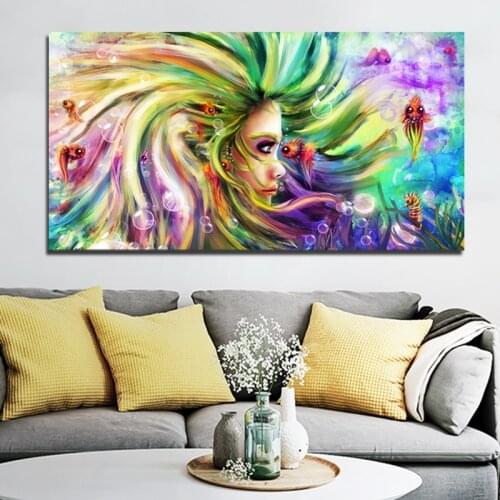 SELFLESSLY Colorful Canvas Painting Mermaid Pictures For Living Room Wall Art Canvas Printed Beautiful Girl Decor Art No Frame