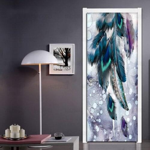 DIY Creative Self-adhesive 3D Door Sticker Modern Fashion Color Feather Living Room Bedroom Door Mural PVC Waterproof Wall Paper