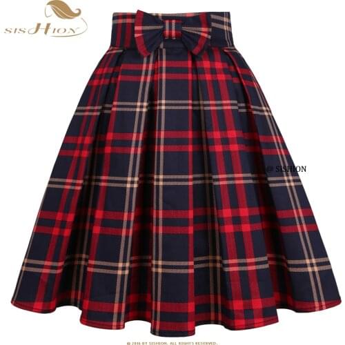 SISHION Y2K Checkered Cotton Women Midi Skirt SS0012 High Waist Pin Up Pleated Retro Vintage Swing 50s Rockabilly Plaid Skirt
