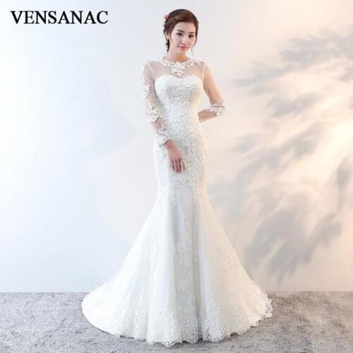 VENSANAC 2018 Lace Appliques O Neck Sequined Backless Mermaid Wedding Dresses Illusion Long Sleeve Sweep Train Bridal Gowns