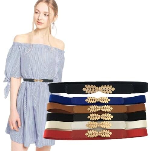 High Elasticity Fabric Belts for Women Dresses Gold Leaves Metal Buckle Belts Female Belts Women Fashion 2020 Hot Elastic Belts