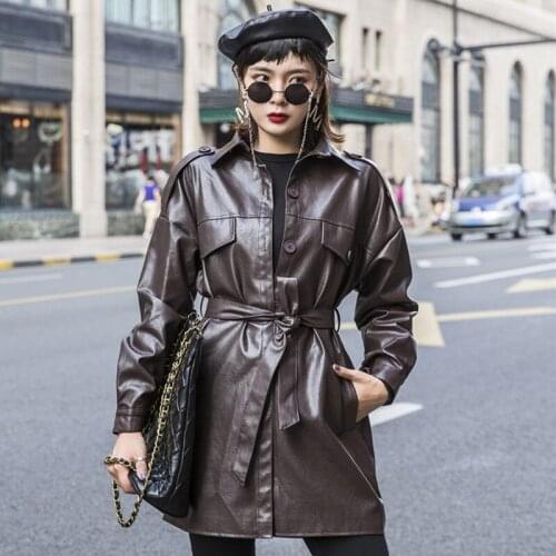 Brown Mid Long Motorcycle Faux Leather Jacket Plus Size Women Female Autumn Spring Biker Jacket Large Size Ladies Black PU Coat