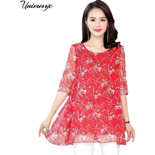 2020 New Summer Middle Aged Women Elegant Floral Blouse Tops Female Fashion Chiffon Bottoming Camisetas Plus Size 4xl Shirt W12