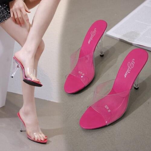 Big Size 34-44 45 46 Summer Woman Transparent PVC Crystal Slippers Sexy 7/10cm Thin High Heel Peep toe Sandals Sweet Girl Mules