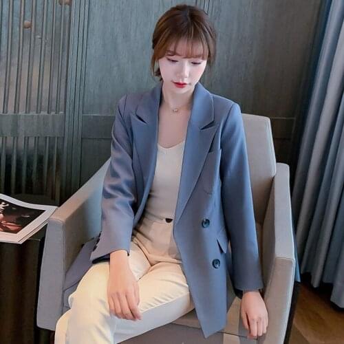 Women Chic Office Wear Double Breasted Blazers Coat Vintage Pockets Loose Fitting Female Suit Jacket Full Sleeve Outwear femme