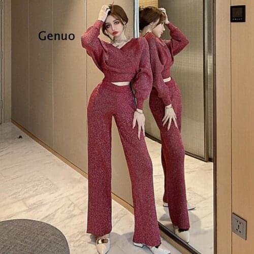 V-Neck Sweater and Wide-Leg Pants Suit Sparkling 2 Pieces Womens Knitted Suit Batwing Sleeve Winter Fall New Elegant Knitset
