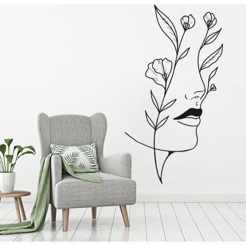 Women Face Plants Line Art Wall Sticker Aesthetic Home Bedroom And Hotel Room Decoration Vinyl Removable A001334