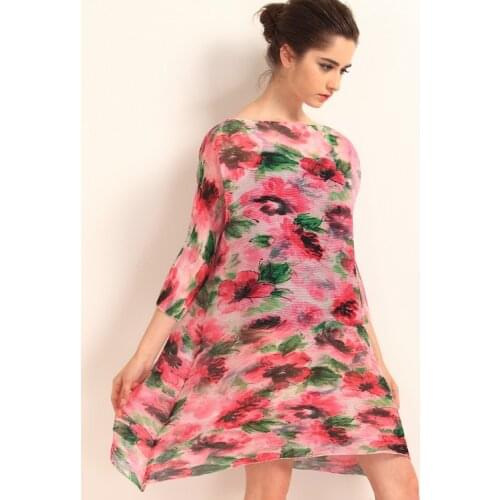 Womens vintage and elegant chiffon dress loose folds and irregular literary personality Large Flower Printed Dress MIYAKE