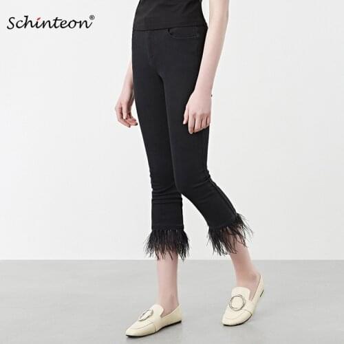 2018 Fashionable Women Europe and America Feather Denim Ankle-Length Pants High Waist Skinny Trousers