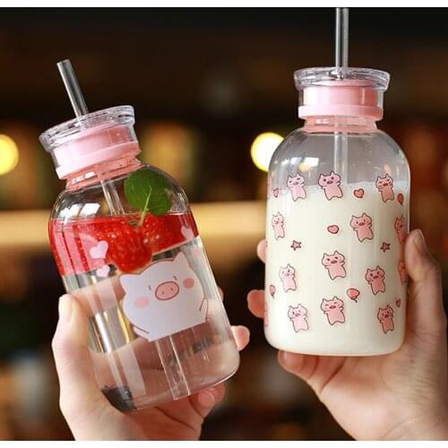 450ML Kawaii Pig Glass Water Bottle With Straw Cartoon Fashion Cute Drinking Water Mug For Kids Girl Student Water Cup