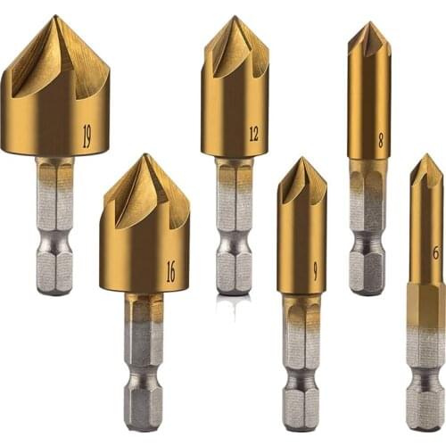 6 Pcs 1/4inch Hex Shank Countersink Drill Bits Center Punch Set HSS 5 Flute Countersink 90 Degree Center Punch Tool Sets