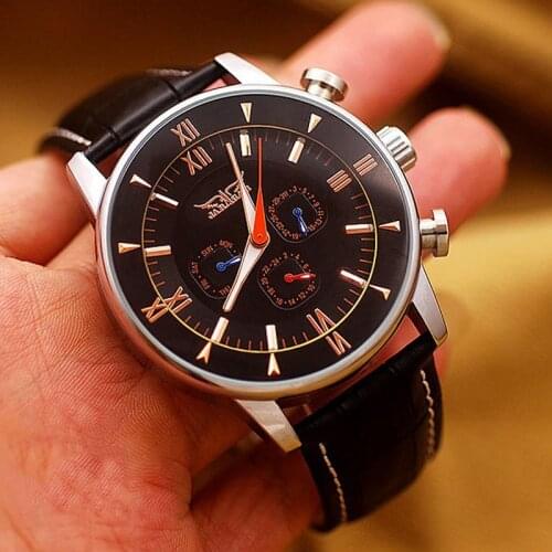 JARAGAR Brand Automatic Mechanical Watch Mens Fashion Dress Wristwatches Black Rose gold Dial Leather Band Watch 24 H Auto Date