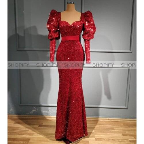 Long Evening Dresses 2020 Gorgeous Sexy Puffy Long Sleeve Mermaid Dubai Women Arbaic Style Burgundy Sequined Formal Gowns