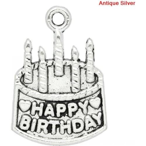 DoreenBeads Charm Pendants Birthday Cake Women Men Birthday Gift Silver Color Color 22x15mm,30PCs
