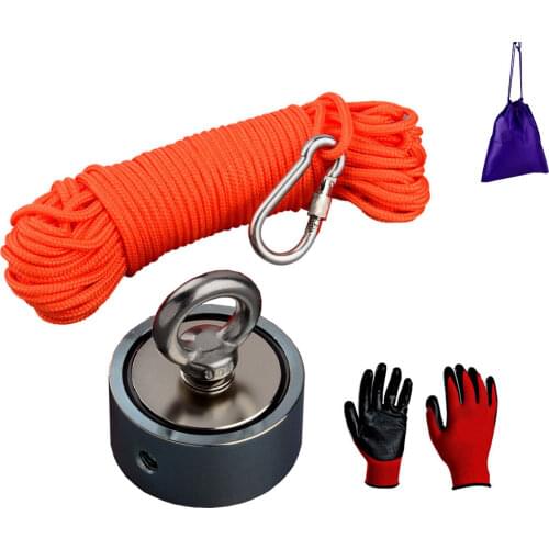 Double Sided 120Kg Magnet Power Neodymium N52 Magnet Round Magnet Magnetic Material Base Fishing Magnet with Gloves Bag 20M Rope