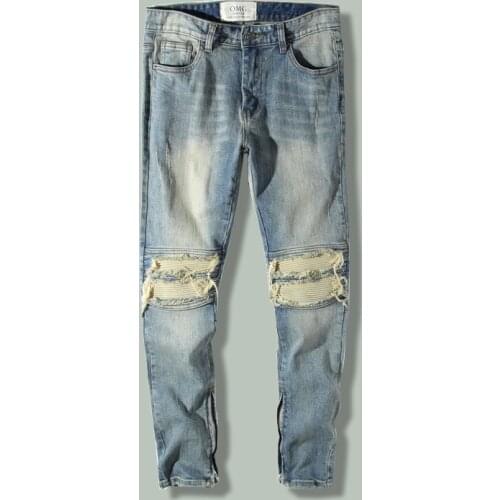 Hip Hop Patch Zipper Cuffs Hole Jeans Mens Harajuku Water Wash Distressed Retro Slim Pants Autumn Winter Baggy Joggers Trousers