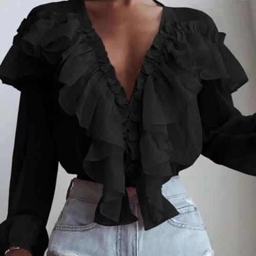 Elegant Boho Shirt Lady Retro Tops Women Casual Long Sleeve Sexy V-Neck Ruffle Blouse Summer Lace Up Solid Color Chiffon Loose