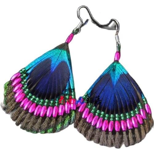 Yunnan national Handmade Beaded Feather Earrings