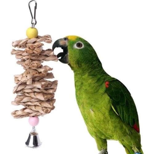Bird Parrot Toy with Bell Natural Wooden Grass Chewing Bite Hanging Cage Swing Climb Chew Toys Parrot Cages Pendant Toys