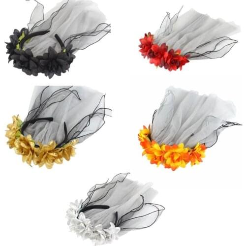 Artificial Flower Halloween Wreath Headband Glitter Mesh Ribbon Veil Anime Festival Hair Hoop Day of The Dead Headpiece