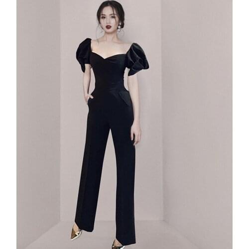 Sexy Women Puff Sleeve Bow Jumpsuits Ladies Overalls Short Sleeve V-Neck High Waist Slim Black Evening Party Jumpsuit Rompers