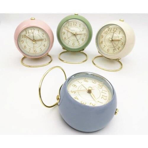 Mini Round Alarm Clocks Metal Desktop Clocks Battery Power Bedside Table Clocks Retro Clocks with Night Light Home Decor