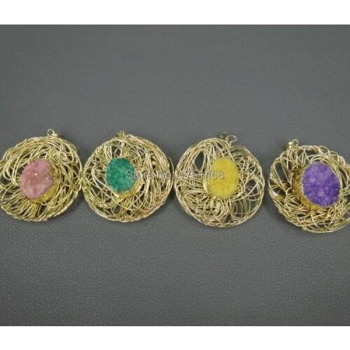 Plated Fashion Pendant 4pcs Many Colors Druzy Stones Quartz Oval Beads Drusy Slab Bead Jewelry Necklace Design