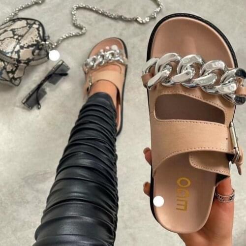 2021 Summer Women Flat Metal Chain Sandals Slippers Thick Sole Comfortable Slip on Femal Shoes Big Size Fashion Style