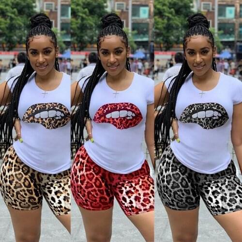 5XL Plus Size Two Piece Set Tracksuit Women Lip Short Sleeve Top Leopard Shorts Festival Matching Sets 2 Piece Outfits for Women