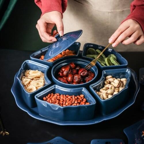 Rotatable Creative Ceramic Dried Fruit Plate Starry Sky Rotatable 6-grid Lid Snack Dessert Tray Trinket Dish Cute Ceramic Tray