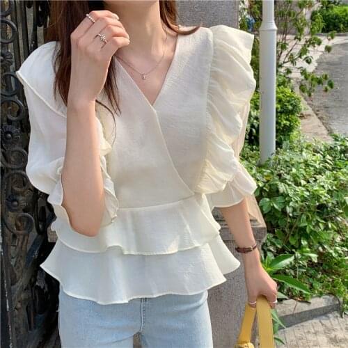 Womens Blouses V-neck Fairy Short-sleeved Shirt Womens Summer New Style Korean Style Straight and Thin Ruffled Blouse