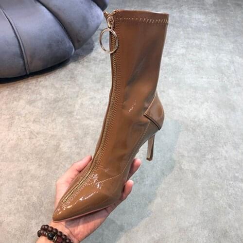 Sexy Ladies Stretch Fabric Patent Leather Patchwork Ankle Boots Stiletto High Heels Female Pointed toe Front Zip Bottines Woman