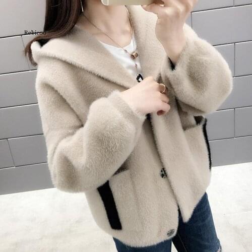 Spring and Autumn Women New Faux Mink Patchwork Fur Female Hooded Fashion Knitted Sweater Cardigan Jacket Outwear Coat