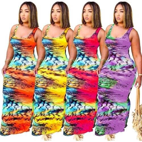 Women New Striped Tie Dye Print Sleeveless Bodycon Midi Maxi Tank Tee Dress Fashion Classic Beach Holiday Long Dresses