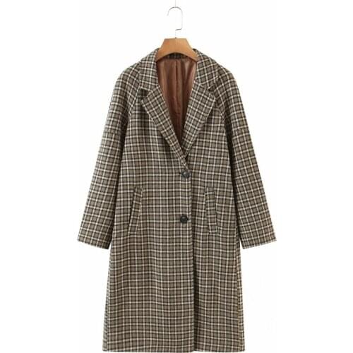 PUWD Oversize Women Brown Plaid Woolen Coat 2021 Autumn Elegant Female Loose Houndstooth Coats Ladies Chic Pockets Outerwear