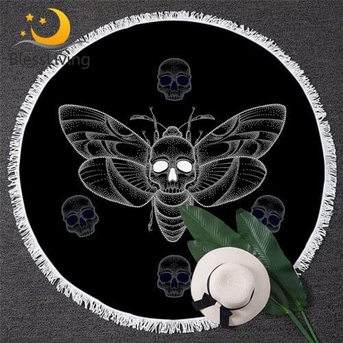 BlessLiving Moth Microfiber Towel 3D Print Gothic Beach Towel White Skull Playa Toalla Spot Beach Mat 150cm Home Decoration 1pc
