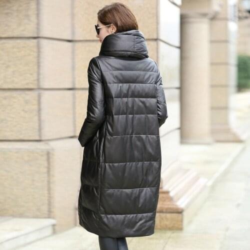 100%Real Sheepskin Leather Duck Down Jacket Women Winter Warm Thick Long Hooded Coat Top Quality Parkas BT7298 MF350