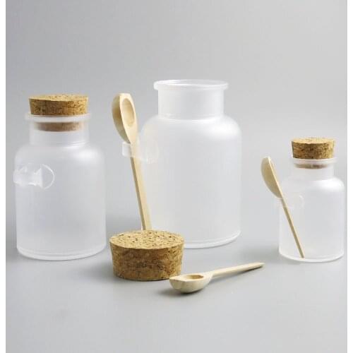 12pcs Empty Bath Salt Mask Powder Cosmetic Container 100g 200g 300g 500g Round Plastic Frosted Bath Bottle With Spoon Cork