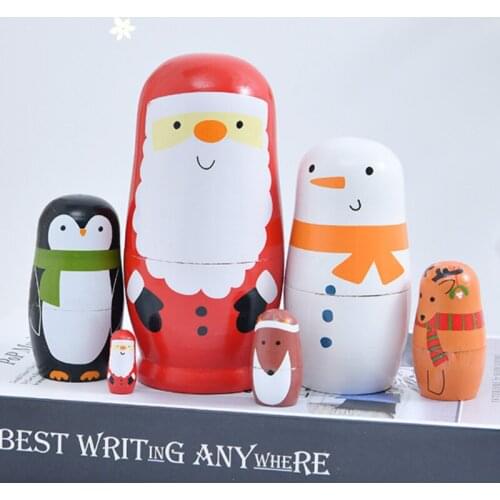 6 Layers Matryoshka Wood Russian Nesting Doll Cartoon Animals Santa Snowman Baby Toys for Kids Christmas Gifts Home Decoration
