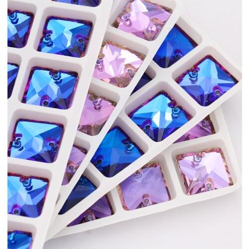 Shiny Shimmer Violet Blue K9 Glass Square Sew on Rhinestones Flat Back Strass Crystal Rhinestones Buttons Sew on Clothing Crafts