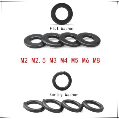 Black washer DIN125 Flat Washer M2/M2.5/M3 DIN127 Spring Washer M4/M5/M6/M8 Carbon Steel Washer 2/2.5/3/4/5/6/8mm
