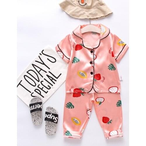 IENENS Summer Girls Kids Pajamas Set Short Sleeves Sleepwear For Toddler 1 to 3 Years Girls Silk Satin Pajamas Clothes