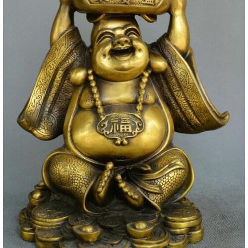 Chinese fengshui old Bronze Maitreya Buddha treasure bowl wealth yuanbao statue