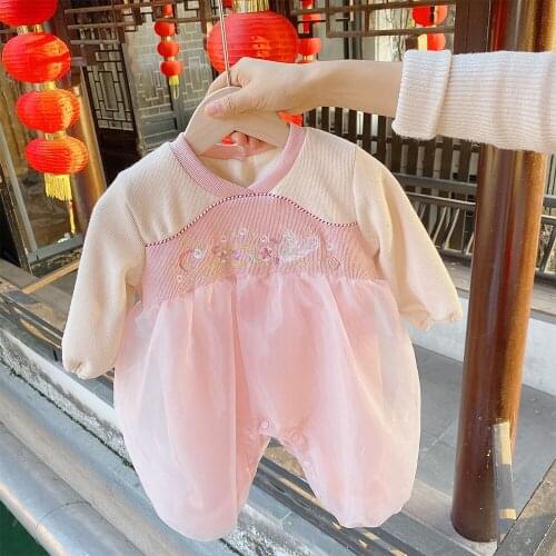 Baby Girl Winter Long Sleeve Rompers Newborn Plus Velvet Thick Warm Embroidery Flower Jumpsuit Chinese Style New Year Clothing