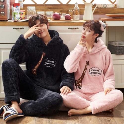 Couple Pajamas Set Unisex Adult Animal Cartoon Cute Women Pajama Long Sleeve Hooded Thicken sleepwear Party Home Clothes Pyjama