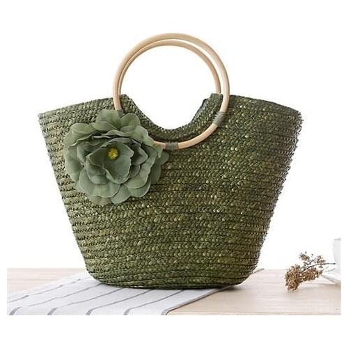 Casual Flower Rattan Large Capacity Tote Round Handle Wicker Woven Women Handbags Summer Beach Big Straw Bags Bali Travel Purse